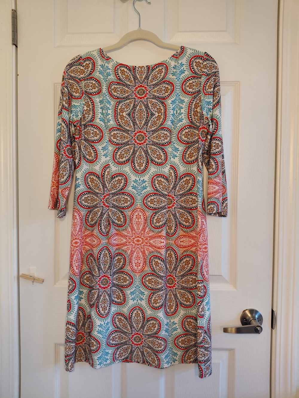 London Times Long Sleeve Floral Medallion Shift Dress - Aqua & Coral